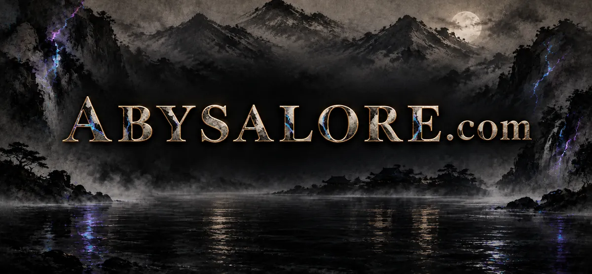 ABYSALORE.com。霧に沈む水墨の湖と紫の稲妻の中に浮かぶ、金属質の文字
