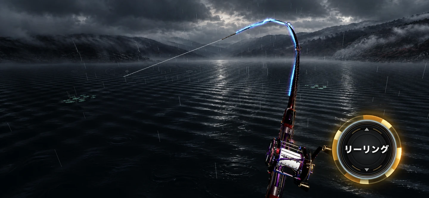 雨の未記録湖で、青紫に発光するロッドを大きく曲げて魚と対峙する実機画面