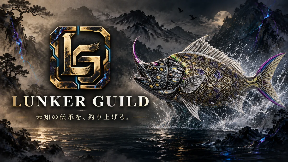 LUNKER GUILD キービジュアル。水墨の山と湖、紫の稲妻、金のエンブレム、跳ね上がる彫金の怪魚。未知の伝承を、釣り上げろ。